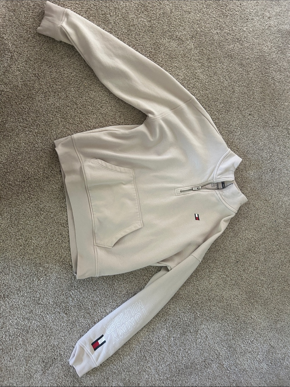 Tommy Hilfiger Off-White Quarter Zip Pullover with Sleeve Logo